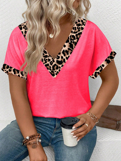 LUNE Women's Spring/Summer Casual V-Neck Short Sleeve Turnup Cuff, Curved Hem Leopard Print Plus Size T-Shirt
