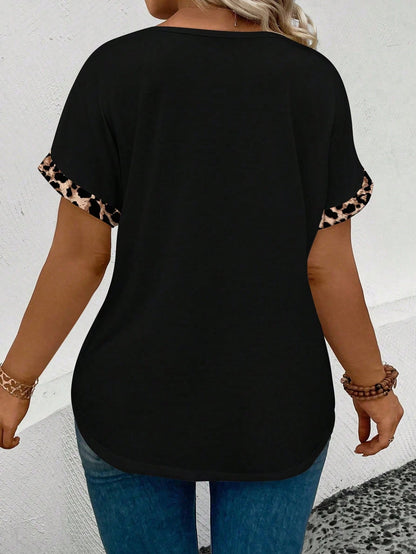 LUNE Women's Spring/Summer Casual V-Neck Short Sleeve Turnup Cuff, Curved Hem Leopard Print Plus Size T-Shirt