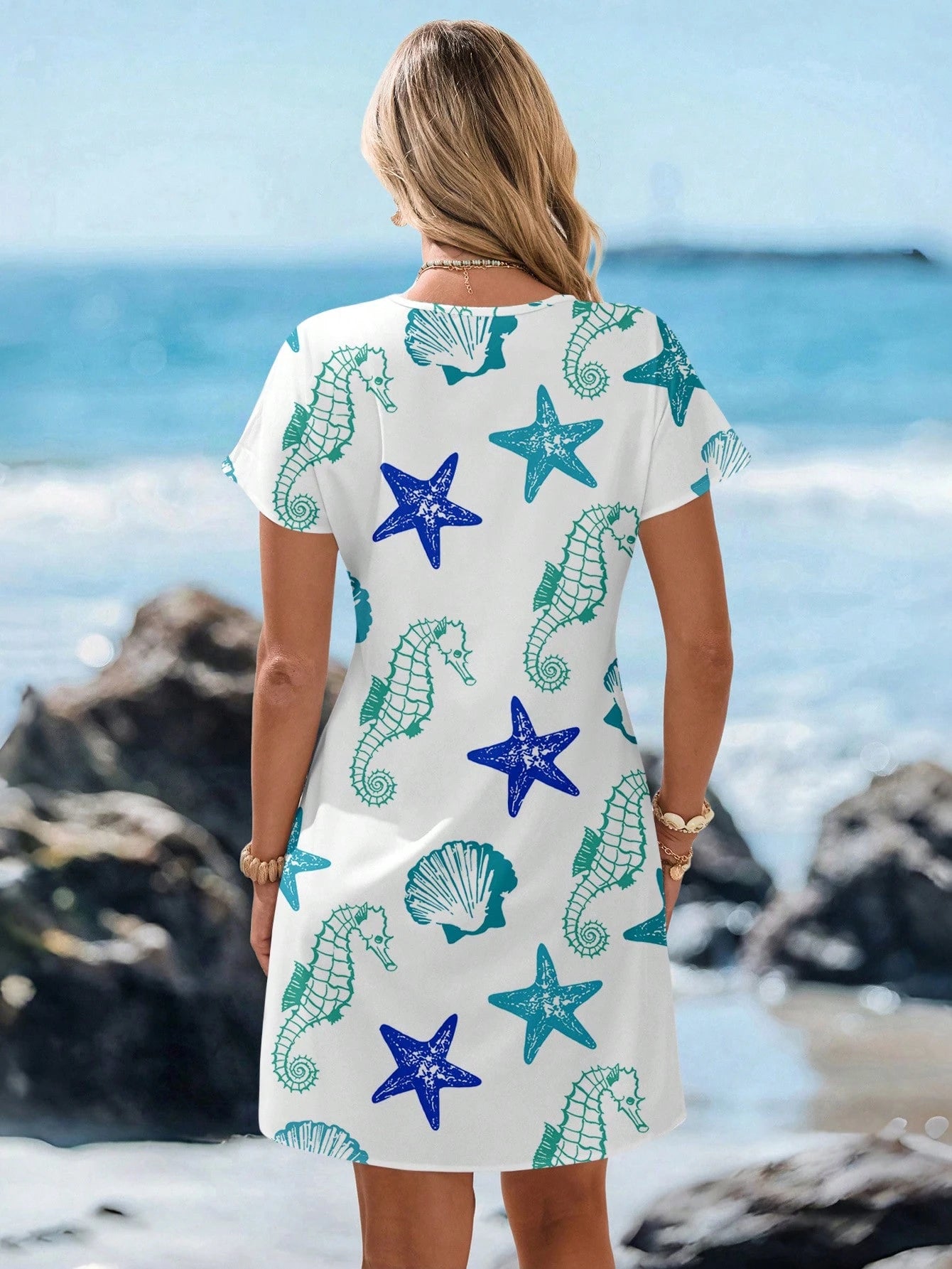 LUNE Women's V-Neck Sleeveless Starfish Seahorse Shell Print Beach Vacation Casual Mini Dress Summer Holiday Outfits Spring Blue And White