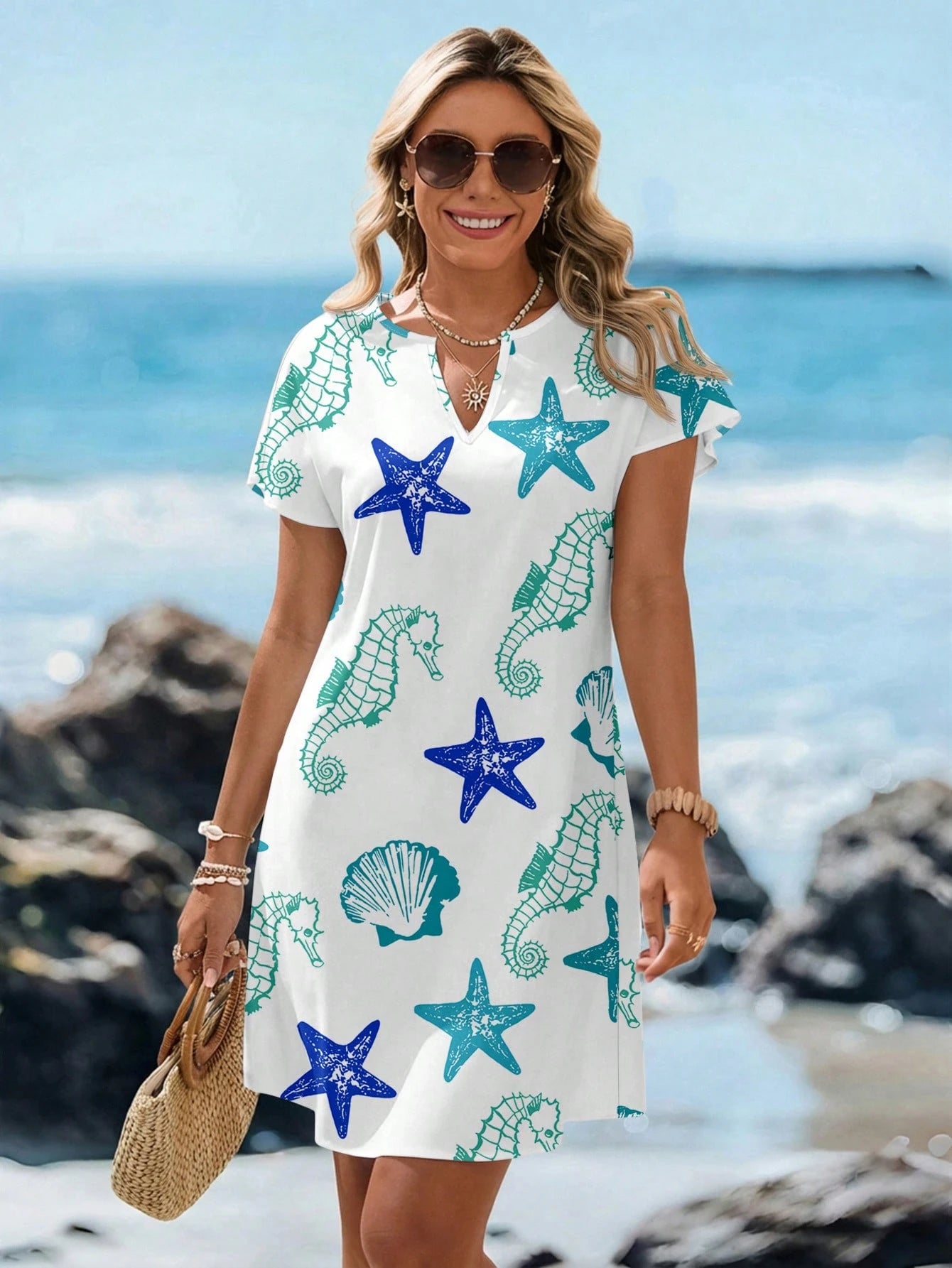 LUNE Women's V-Neck Sleeveless Starfish Seahorse Shell Print Beach Vacation Casual Mini Dress Summer Holiday Outfits Spring Blue And White