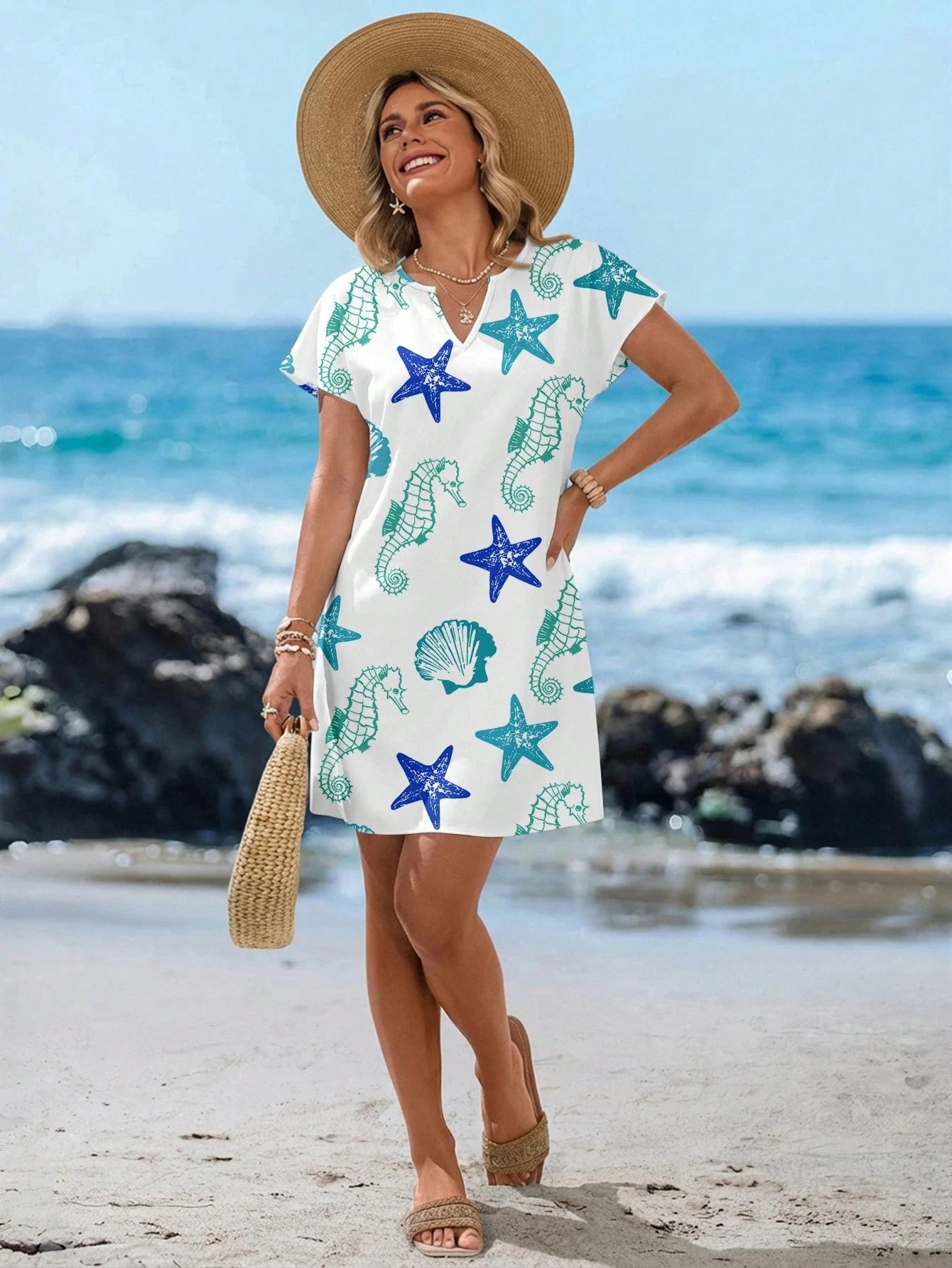 LUNE Women's V-Neck Sleeveless Starfish Seahorse Shell Print Beach Vacation Casual Mini Dress Summer Holiday Outfits Spring Blue And White