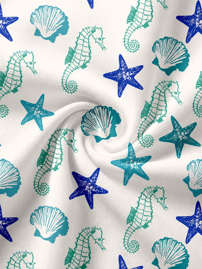 LUNE Women's V-Neck Sleeveless Starfish Seahorse Shell Print Beach Vacation Casual Mini Dress Summer Holiday Outfits Spring Blue And White