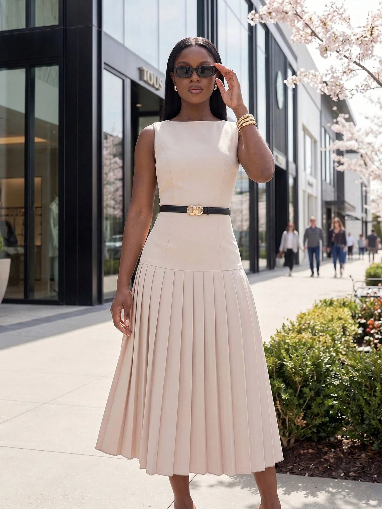 Lunelith Lunessa Elegant Commuter Office Date Banquet Pleated Sleeveless Women's Midi Dress Pink Spring Summer Autumn Lady Office Home Daily Wedding Tea Party Stage Garden