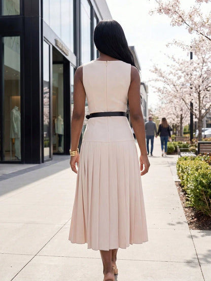 Lunelith Lunessa Elegant Commuter Office Date Banquet Pleated Sleeveless Women's Midi Dress Pink Spring Summer Autumn Lady Office Home Daily Wedding Tea Party Stage Garden