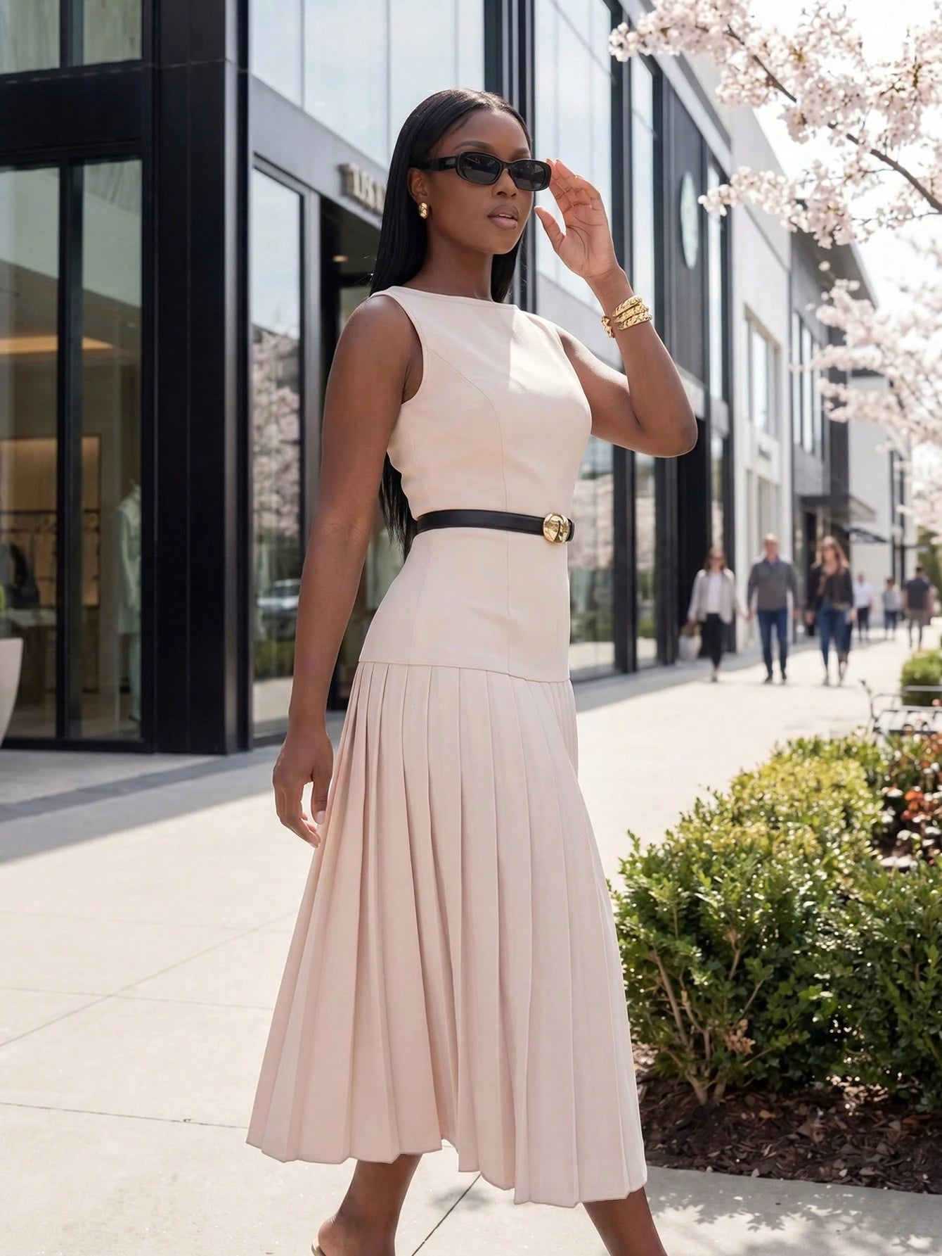 Lunelith Lunessa Elegant Commuter Office Date Banquet Pleated Sleeveless Women's Midi Dress Pink Spring Summer Autumn Lady Office Home Daily Wedding Tea Party Stage Garden