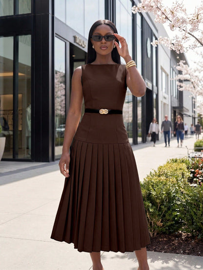 Lunelith Lunessa Elegant Commuter Office Date Banquet Pleated Sleeveless Women's Midi Dress Pink Spring Summer Autumn Lady Office Home Daily Wedding Tea Party Stage Garden
