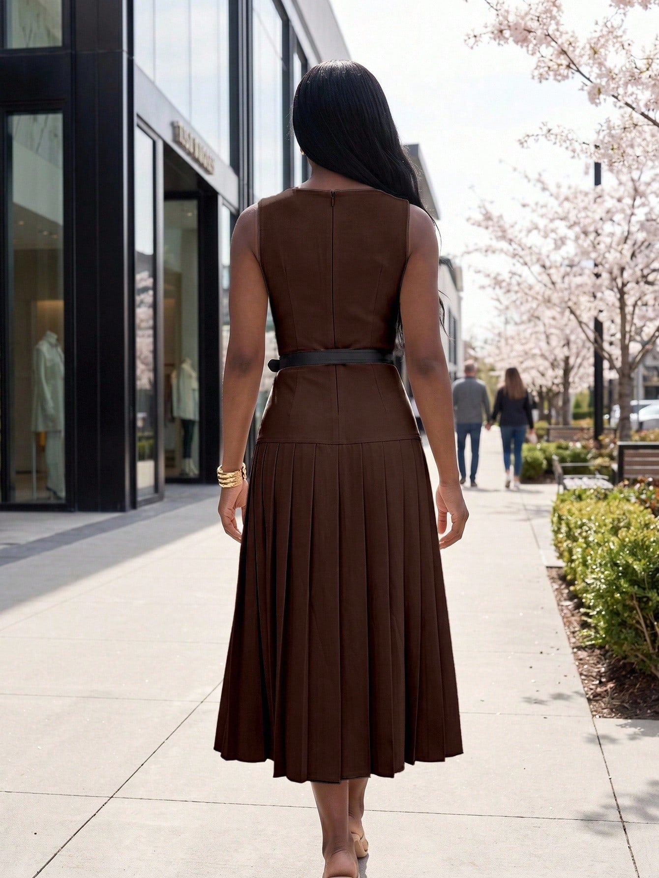 Lunelith Lunessa Elegant Commuter Office Date Banquet Pleated Sleeveless Women's Midi Dress Pink Spring Summer Autumn Lady Office Home Daily Wedding Tea Party Stage Garden