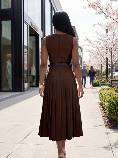 Lunelith Lunessa Elegant Commuter Office Date Banquet Pleated Sleeveless Women's Midi Dress Pink Spring Summer Autumn Lady Office Home Daily Wedding Tea Party Stage Garden