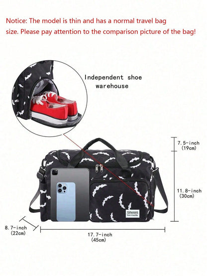 Luxury Bat Pattern Random Weekend Travel Bag, With Waterproof Pocket And Shoe Compartment, Large Capacity Hospital Maternity Bag, Waterproof Overnight Messenger Handbag, Lightweight Personal Luggage B