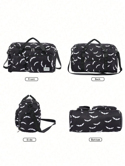 Luxury Bat Pattern Random Weekend Travel Bag, With Waterproof Pocket And Shoe Compartment, Large Capacity Hospital Maternity Bag, Waterproof Overnight Messenger Handbag, Lightweight Personal Luggage B