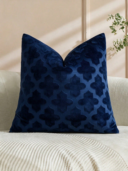 Luxury Textured Embossed Velvet Cushion Case, Vintage Moroccan Trellis Geometric Pattern Dark Green Decor Throw Pillow Cover For Living Room Farmhouse Boho Home Decor, 18x18 Inch All Season Navy