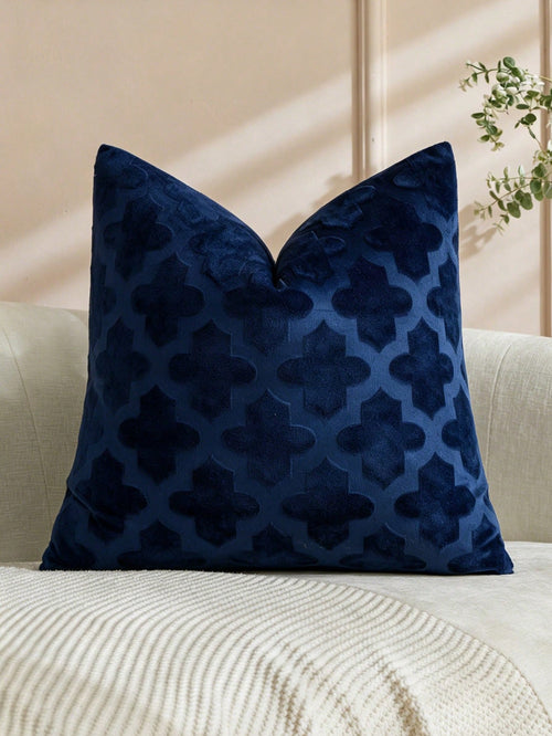 Luxury Textured Embossed Velvet Cushion Case, Vintage Moroccan Trellis Geometric Pattern Dark Green Decor Throw Pillow Cover For Living Room Farmhouse Boho Home Decor, 18x18 Inch All Season Navy