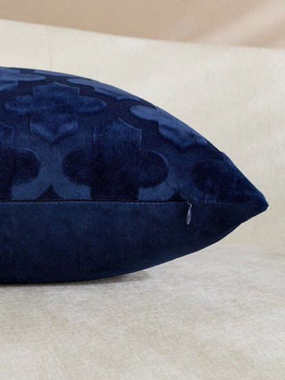 Luxury Textured Embossed Velvet Cushion Case, Vintage Moroccan Trellis Geometric Pattern Dark Green Decor Throw Pillow Cover For Living Room Farmhouse Boho Home Decor, 18x18 Inch All Season Navy