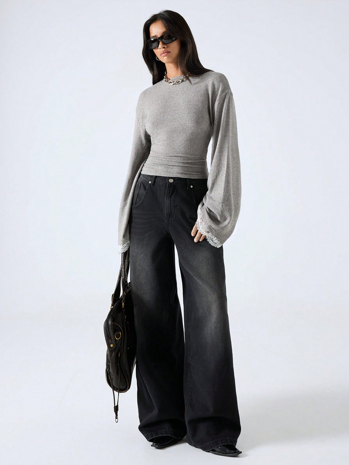 LYSMO 2025 New Arrive Minimalism Fall Winter Women's Round Neck Drop Shoulder Long Sleeve Contrast Lace Fashion T-Shirt Grey Top Bell Sleeves Gray Tops With