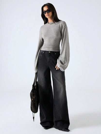 LYSMO 2025 New Arrive Minimalism Fall Winter Women's Round Neck Drop Shoulder Long Sleeve Contrast Lace Fashion T-Shirt Grey Top Bell Sleeves Gray Tops With