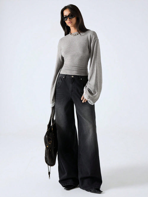 LYSMO 2025 New Arrive Minimalism Fall Winter Women's Round Neck Drop Shoulder Long Sleeve Contrast Lace Fashion T-Shirt Grey Top Bell Sleeves Gray Tops With