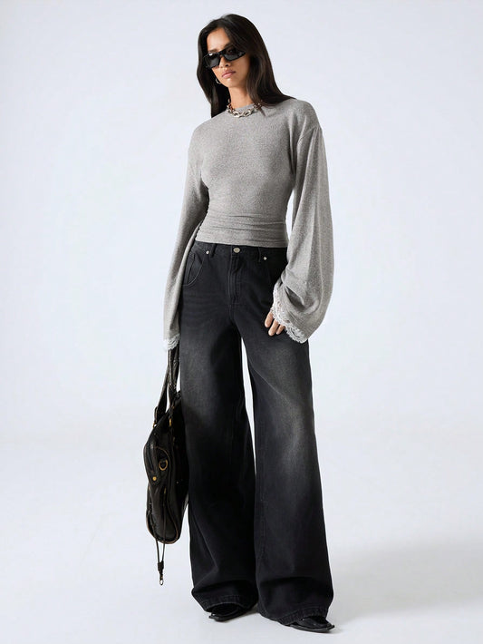 LYSMO 2025 New Arrive Minimalism Fall Winter Women's Round Neck Drop Shoulder Long Sleeve Contrast Lace Fashion T-Shirt Grey Top Bell Sleeves Gray Tops With