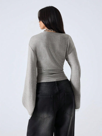 LYSMO 2025 New Arrive Minimalism Fall Winter Women's Round Neck Drop Shoulder Long Sleeve Contrast Lace Fashion T-Shirt Grey Top Bell Sleeves Gray Tops With