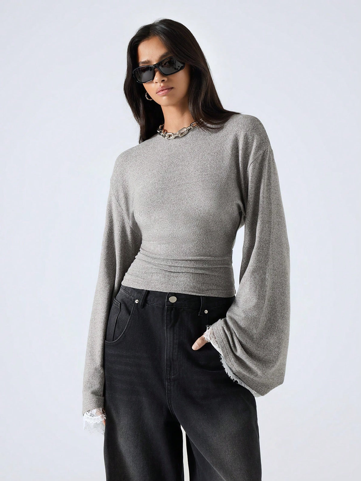 LYSMO 2025 New Arrive Minimalism Fall Winter Women's Round Neck Drop Shoulder Long Sleeve Contrast Lace Fashion T-Shirt Grey Top Bell Sleeves Gray Tops With