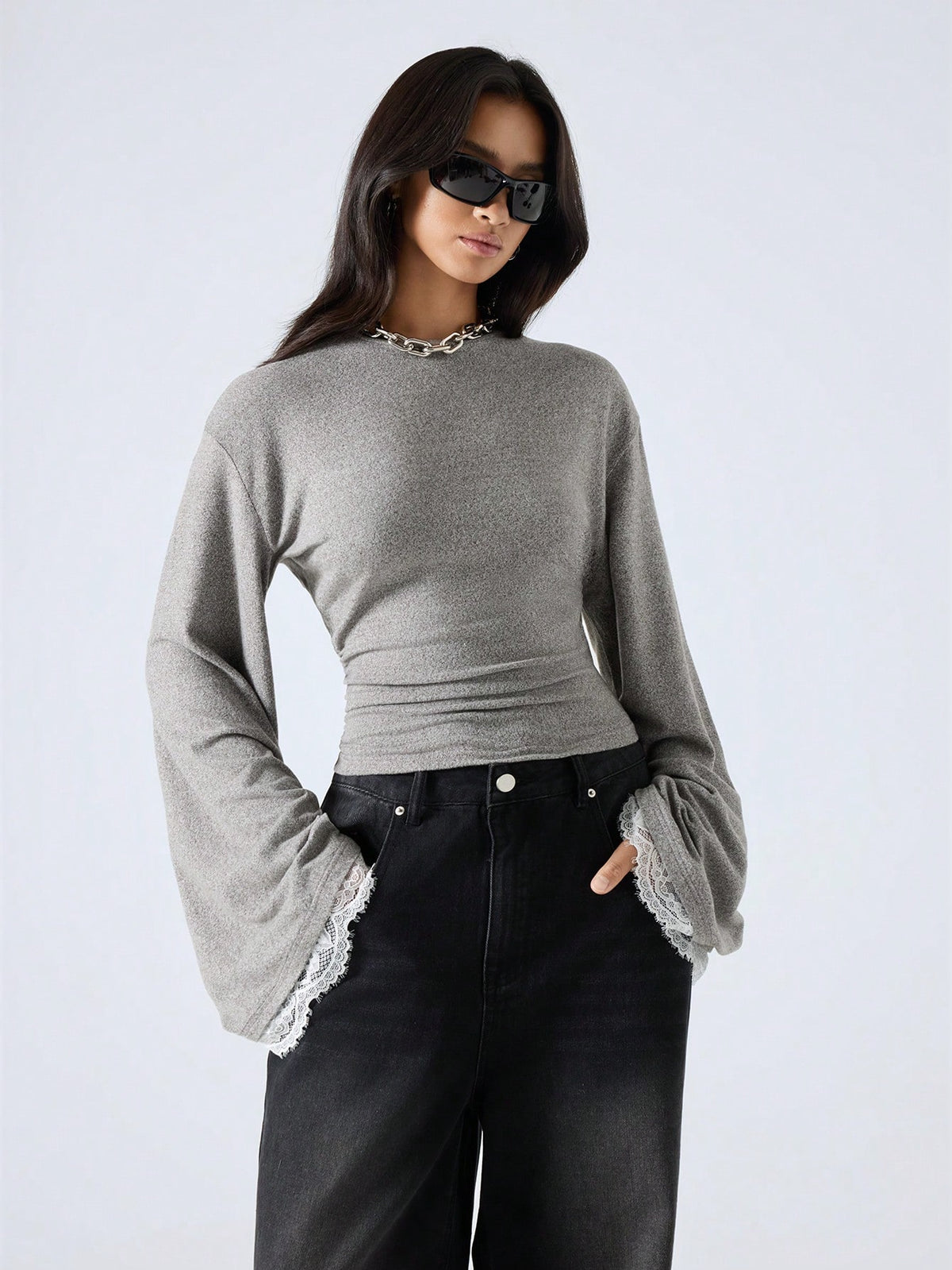 LYSMO 2025 New Arrive Minimalism Fall Winter Women's Round Neck Drop Shoulder Long Sleeve Contrast Lace Fashion T-Shirt Grey Top Bell Sleeves Gray Tops With