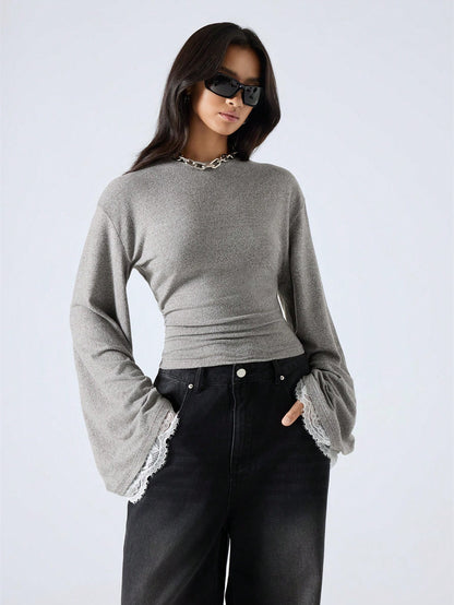 LYSMO 2025 New Arrive Minimalism Fall Winter Women's Round Neck Drop Shoulder Long Sleeve Contrast Lace Fashion T-Shirt Grey Top Bell Sleeves Gray Tops With