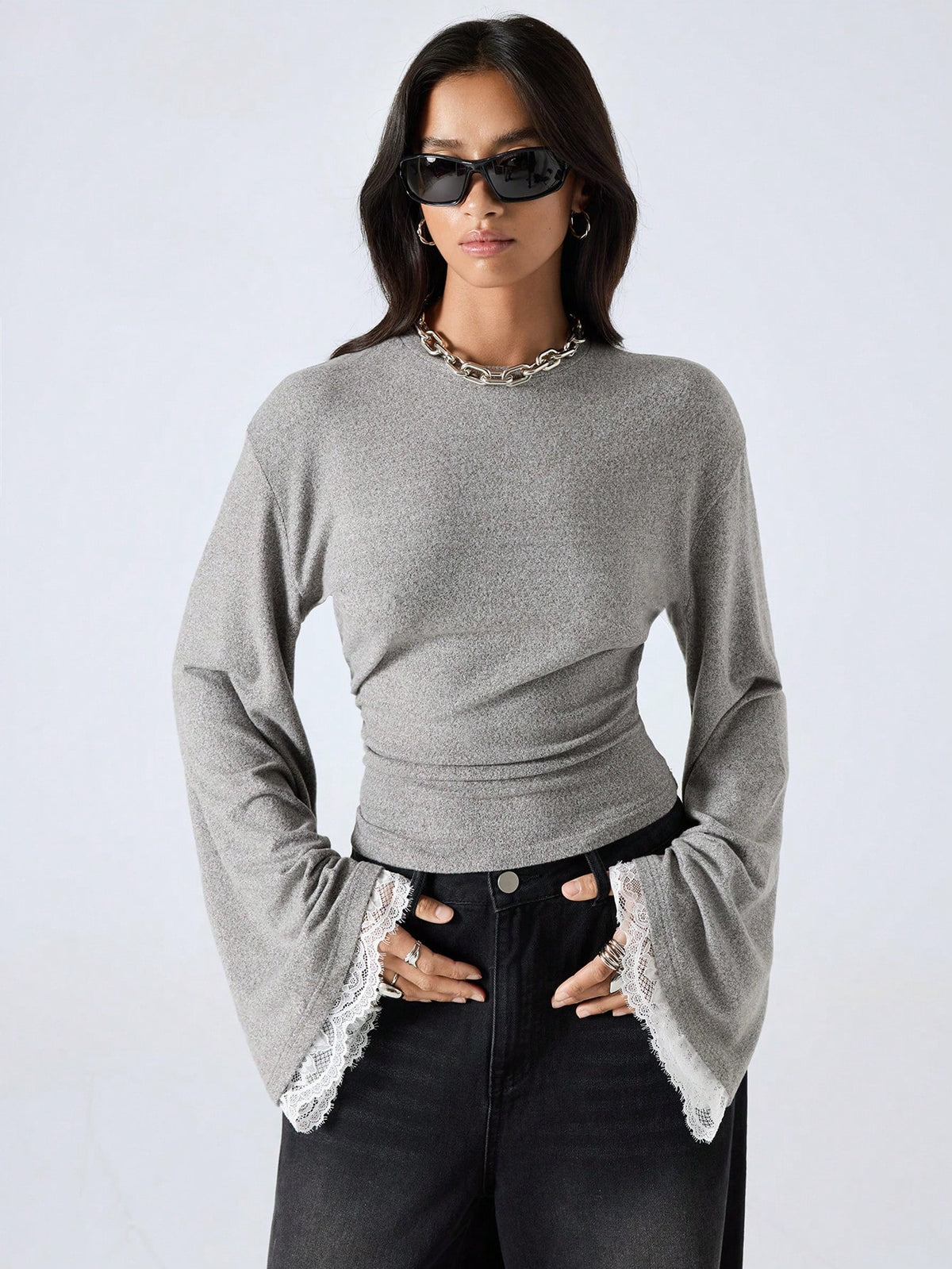 LYSMO 2025 New Arrive Minimalism Fall Winter Women's Round Neck Drop Shoulder Long Sleeve Contrast Lace Fashion T-Shirt Grey Top Bell Sleeves Gray Tops With