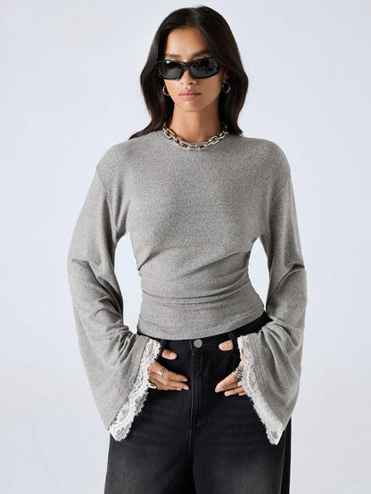 LYSMO 2025 New Arrive Minimalism Fall Winter Women's Round Neck Drop Shoulder Long Sleeve Contrast Lace Fashion T-Shirt Grey Top Bell Sleeves Gray Tops With