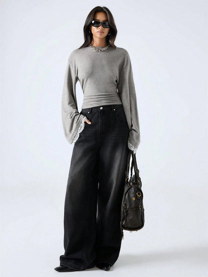 LYSMO 2025 New Arrive Minimalism Fall Winter Women's Round Neck Drop Shoulder Long Sleeve Contrast Lace Fashion T-Shirt Grey Top Bell Sleeves Gray Tops With