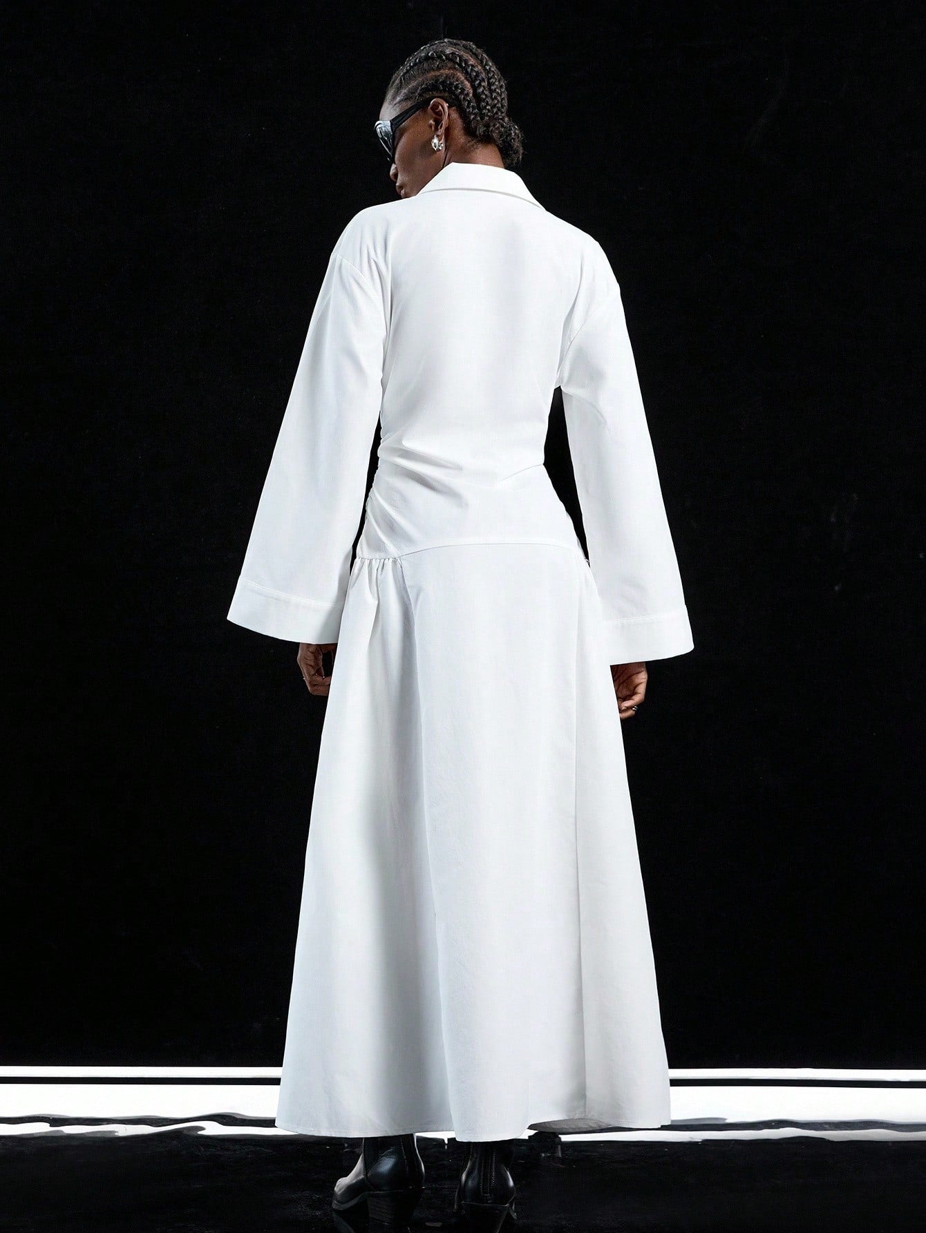 LYSMO 2025 New Arrive Minimalism Fall Women's Solid Color Drop Shoulder Long Sleeve Pleated Single Button Casual Shirt Dress,White Dresses Classy Elegant