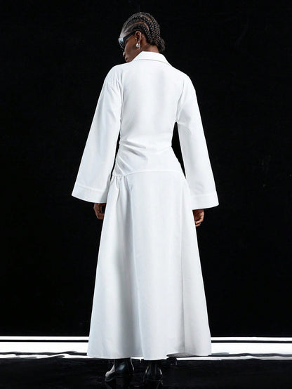 LYSMO 2025 New Arrive Minimalism Fall Women's Solid Color Drop Shoulder Long Sleeve Pleated Single Button Casual Shirt Dress,White Dresses Classy Elegant