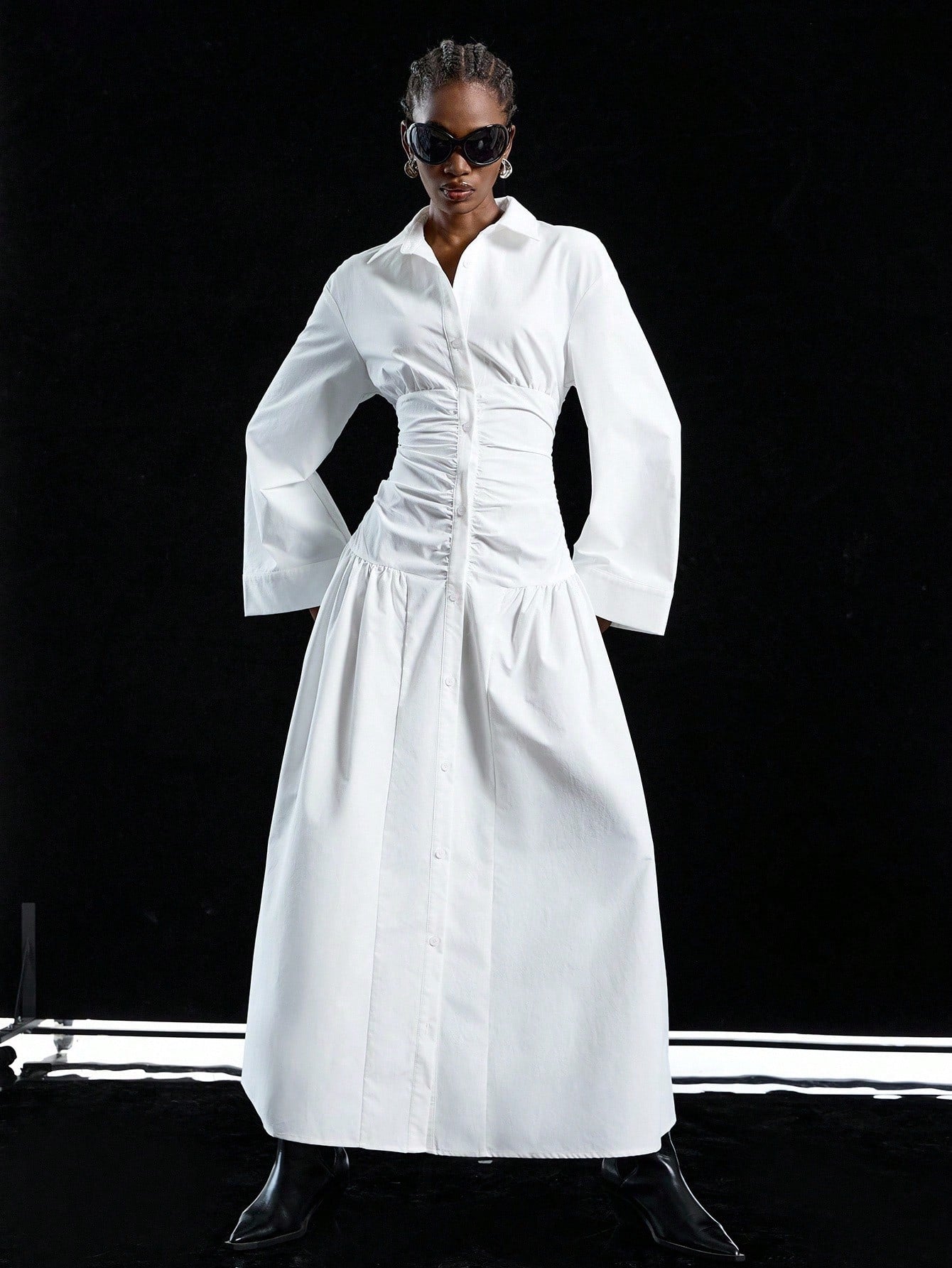 LYSMO 2025 New Arrive Minimalism Fall Women's Solid Color Drop Shoulder Long Sleeve Pleated Single Button Casual Shirt Dress,White Dresses Classy Elegant