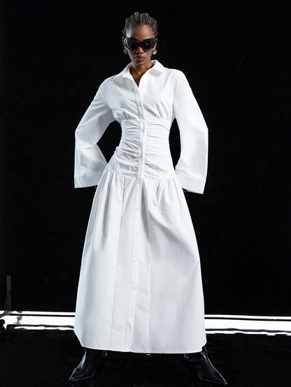 LYSMO 2025 New Arrive Minimalism Fall Women's Solid Color Drop Shoulder Long Sleeve Pleated Single Button Casual Shirt Dress,White Dresses Classy Elegant