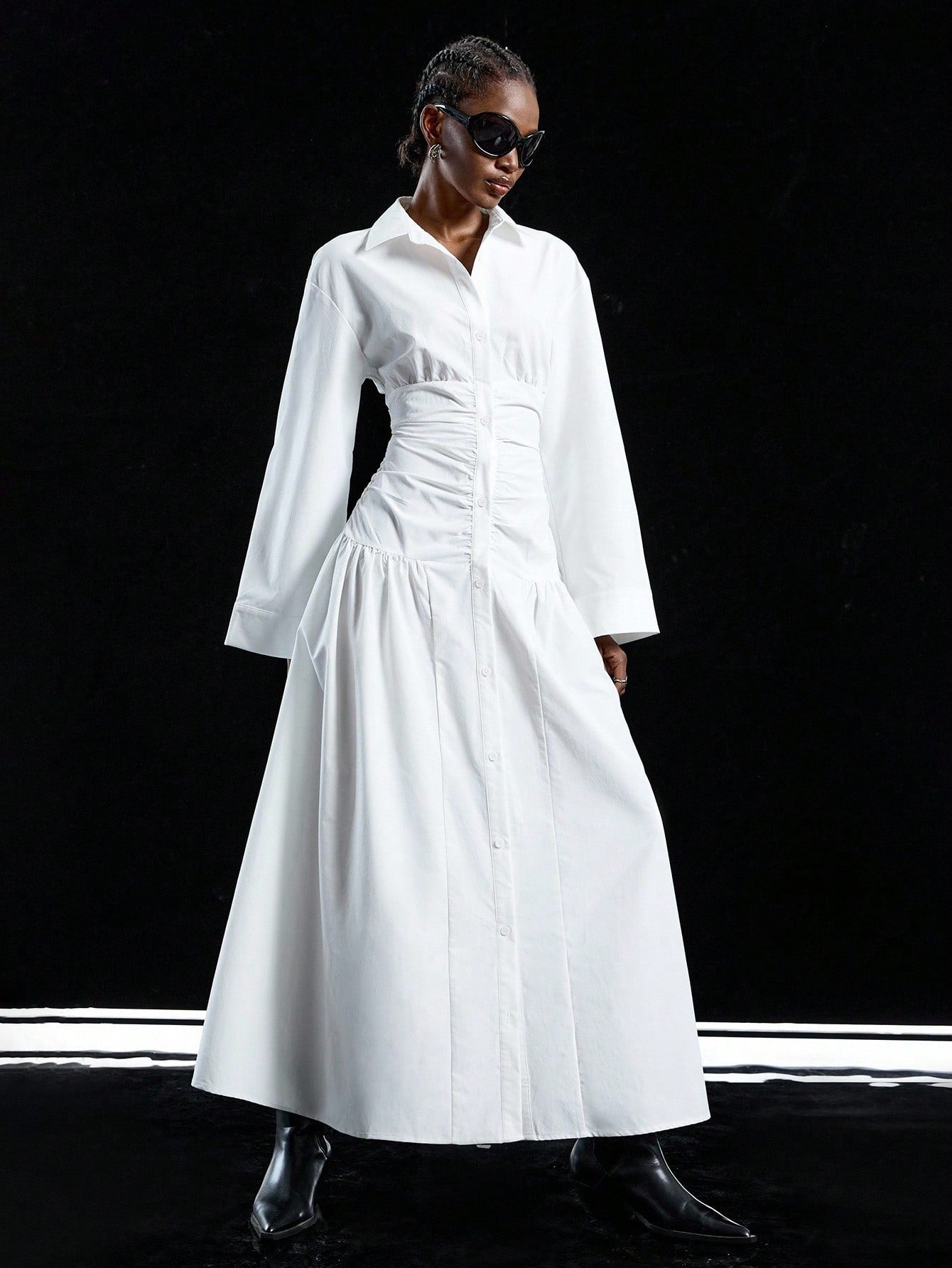 LYSMO 2025 New Arrive Minimalism Fall Women's Solid Color Drop Shoulder Long Sleeve Pleated Single Button Casual Shirt Dress,White Dresses Classy Elegant