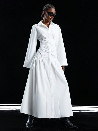 LYSMO 2025 New Arrive Minimalism Fall Women's Solid Color Drop Shoulder Long Sleeve Pleated Single Button Casual Shirt Dress,White Dresses Classy Elegant