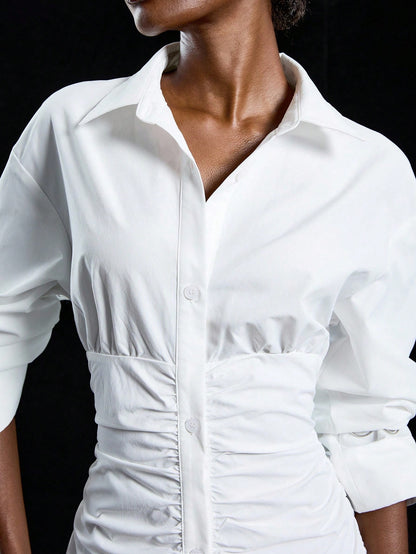 LYSMO 2025 New Arrive Minimalism Fall Women's Solid Color Drop Shoulder Long Sleeve Pleated Single Button Casual Shirt Dress,White Dresses Classy Elegant
