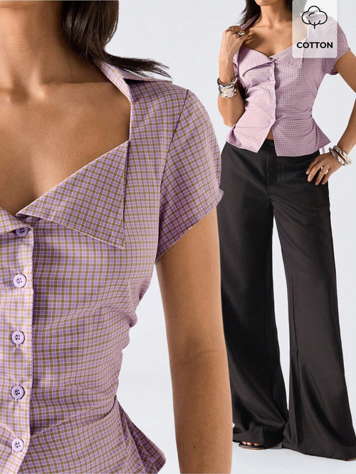 LYSMO 2026 New Arrive Minimalism Spring/Summer Women's Fashionable Plaid Waist Cinching Shirt, Summer,Summer Top