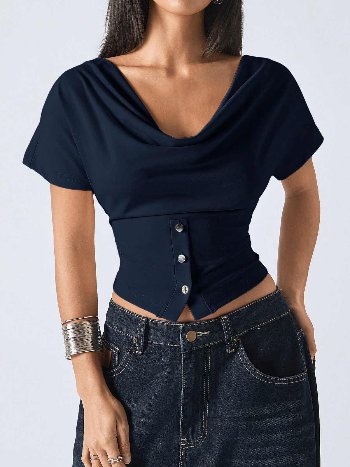 LYSMO 2026 Women's Elegant Navy Blue Summer Top,Minimalist Short Sleeve Fitted Round Neck Casual Shirt For Date Night,Fashionable Outdoor Carnival Clothing