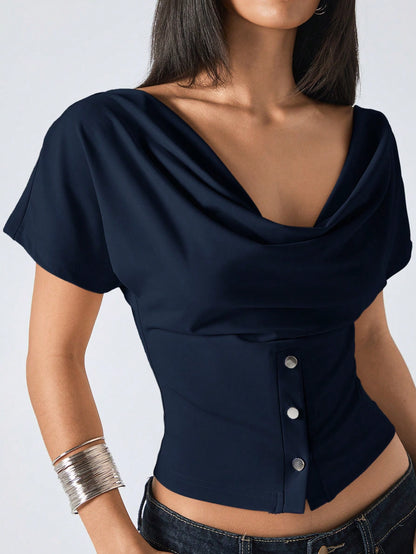 LYSMO 2026 Women's Elegant Navy Blue Summer Top,Minimalist Short Sleeve Fitted Round Neck Casual Shirt For Date Night,Fashionable Outdoor Carnival Clothing