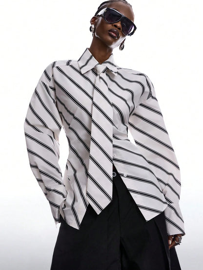 LYSMO Women's Black And White Striped Long Sleeve Shirt,Chic Autumn Office Back-To-School Minimalist Ultra-Wide Paded Shoulder Tie-Collar Waist-Tie Blouse