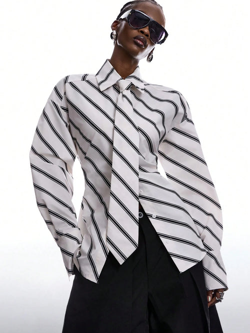 LYSMO Women's Black And White Striped Long Sleeve Shirt,Chic Autumn Office Back-To-School Minimalist Ultra-Wide Paded Shoulder Tie-Collar Waist-Tie Blouse