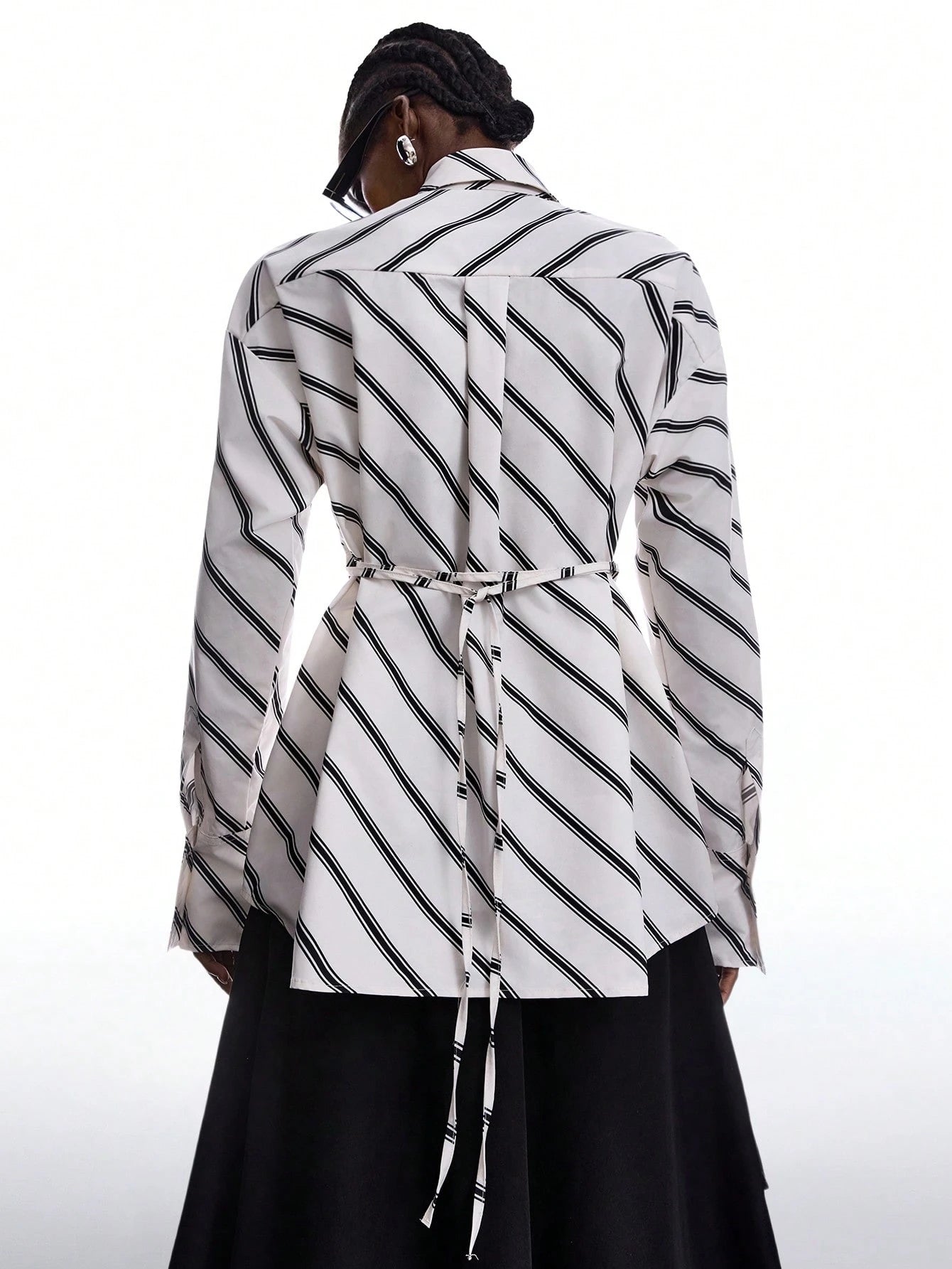 LYSMO Women's Black And White Striped Long Sleeve Shirt,Chic Autumn Office Back-To-School Minimalist Ultra-Wide Paded Shoulder Tie-Collar Waist-Tie Blouse