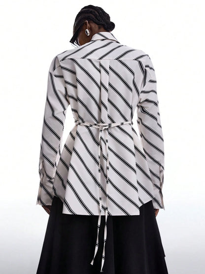 LYSMO Women's Black And White Striped Long Sleeve Shirt,Chic Autumn Office Back-To-School Minimalist Ultra-Wide Paded Shoulder Tie-Collar Waist-Tie Blouse