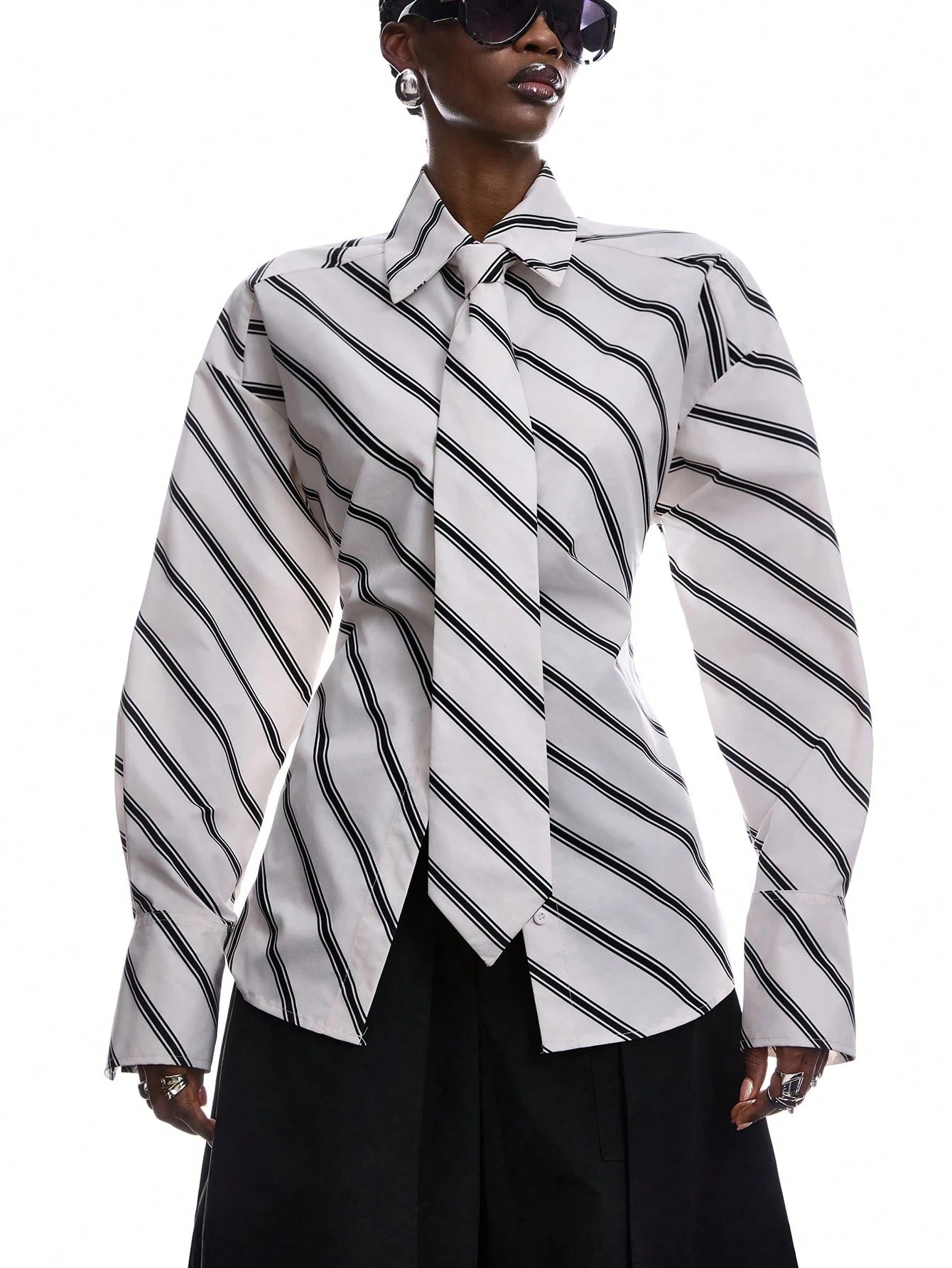 LYSMO Women's Black And White Striped Long Sleeve Shirt,Chic Autumn Office Back-To-School Minimalist Ultra-Wide Paded Shoulder Tie-Collar Waist-Tie Blouse