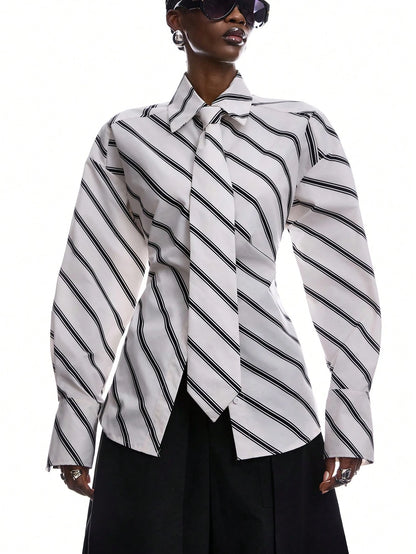 LYSMO Women's Black And White Striped Long Sleeve Shirt,Chic Autumn Office Back-To-School Minimalist Ultra-Wide Paded Shoulder Tie-Collar Waist-Tie Blouse