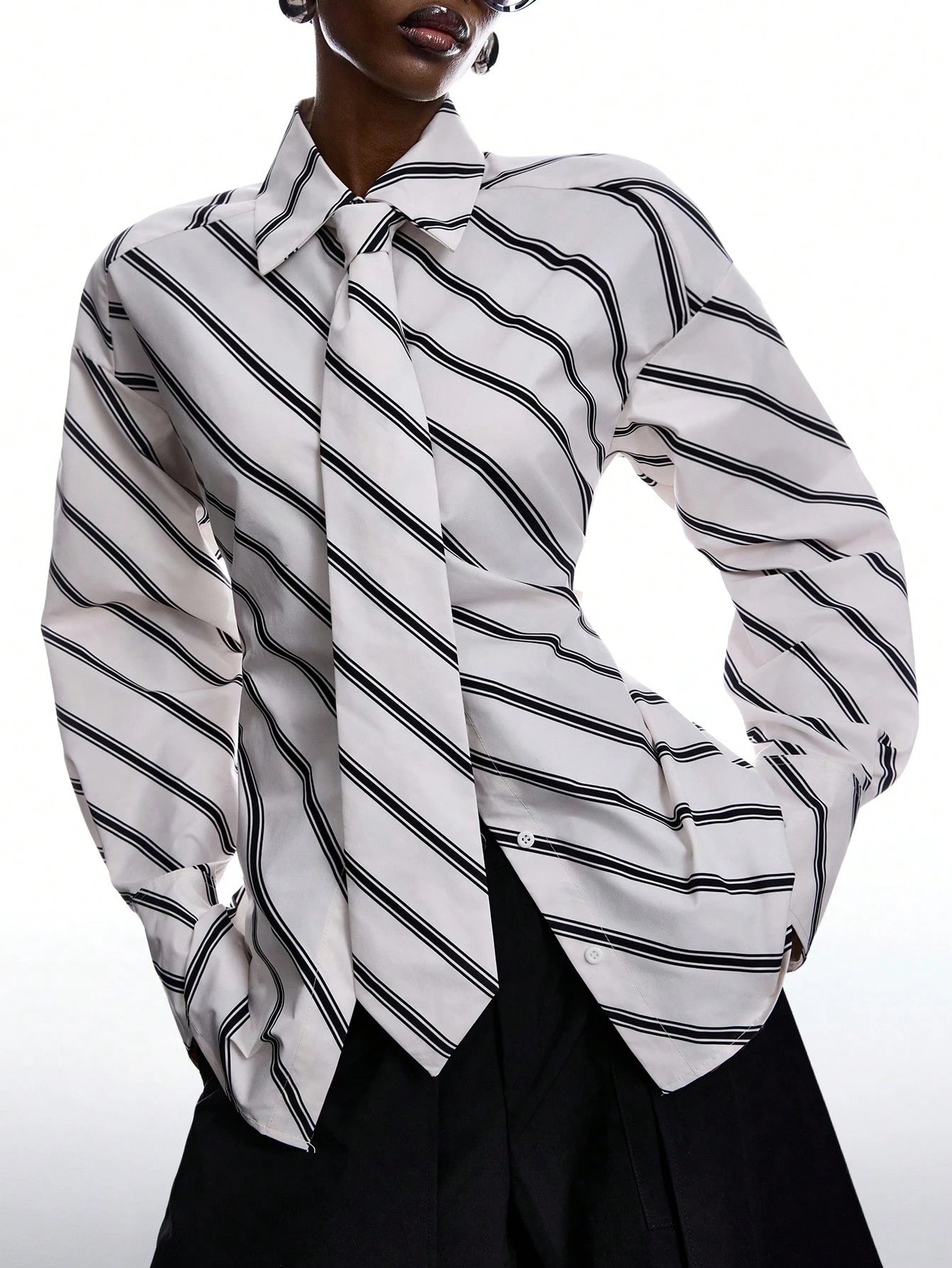 LYSMO Women's Black And White Striped Long Sleeve Shirt,Chic Autumn Office Back-To-School Minimalist Ultra-Wide Paded Shoulder Tie-Collar Waist-Tie Blouse