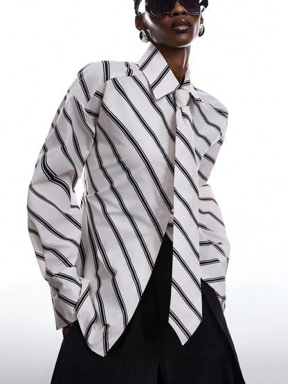 LYSMO Women's Black And White Striped Long Sleeve Shirt,Chic Autumn Office Back-To-School Minimalist Ultra-Wide Paded Shoulder Tie-Collar Waist-Tie Blouse