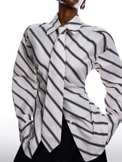 LYSMO Women's Black And White Striped Long Sleeve Shirt,Chic Autumn Office Back-To-School Minimalist Ultra-Wide Paded Shoulder Tie-Collar Waist-Tie Blouse