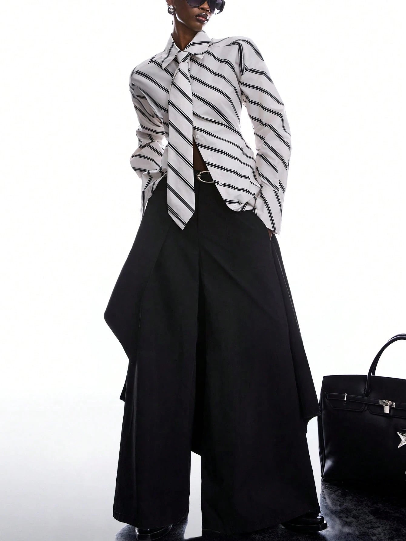 LYSMO Women's Black And White Striped Long Sleeve Shirt,Chic Autumn Office Back-To-School Minimalist Ultra-Wide Paded Shoulder Tie-Collar Waist-Tie Blouse