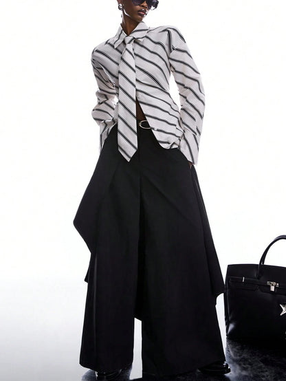 LYSMO Women's Black And White Striped Long Sleeve Shirt,Chic Autumn Office Back-To-School Minimalist Ultra-Wide Paded Shoulder Tie-Collar Waist-Tie Blouse