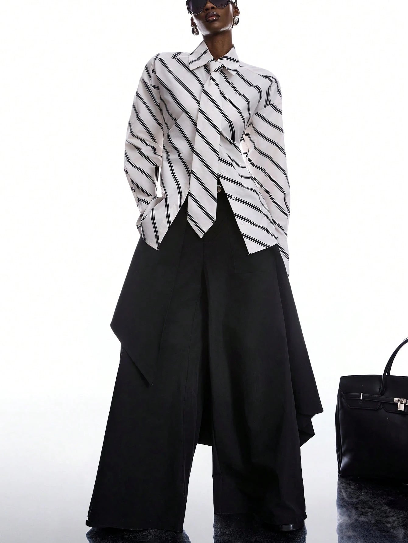 LYSMO Women's Black And White Striped Long Sleeve Shirt,Chic Autumn Office Back-To-School Minimalist Ultra-Wide Paded Shoulder Tie-Collar Waist-Tie Blouse